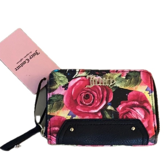Juicy Couture Wallet Off The Chain Large Zip Around Black Multi Rose Print NWT - Picture 1 of 10